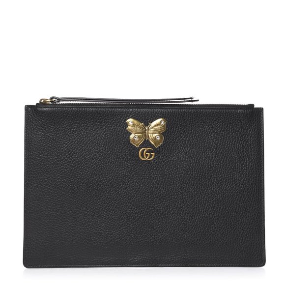 Gucci Pebbled Calfskin Butterfly Zip Clutch in Black NEW IN BOX W DUST BAG